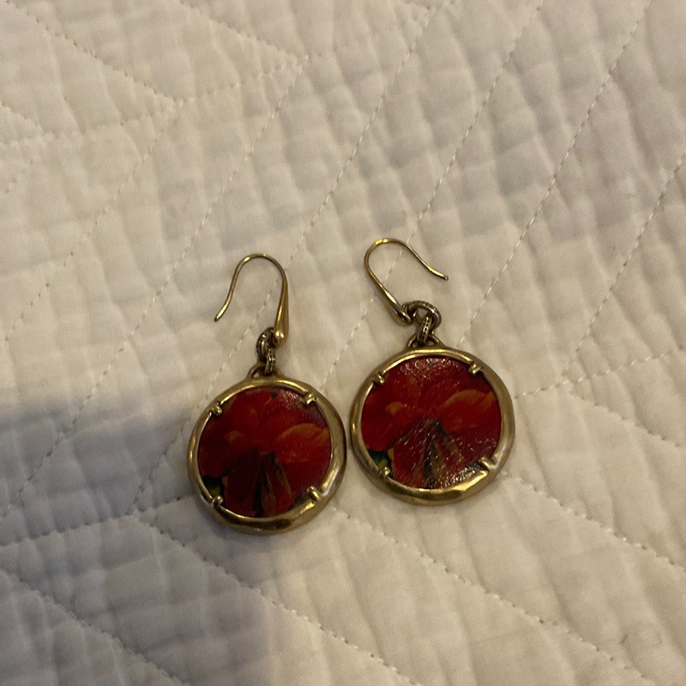 Patricia Nash Gold-Tone Round Drop Earrings with Red Floral Inlay